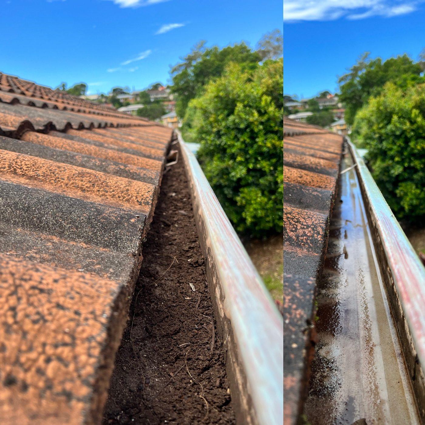 Before and after gutter cleaning on a terracotta tile roof, soil and roots removed