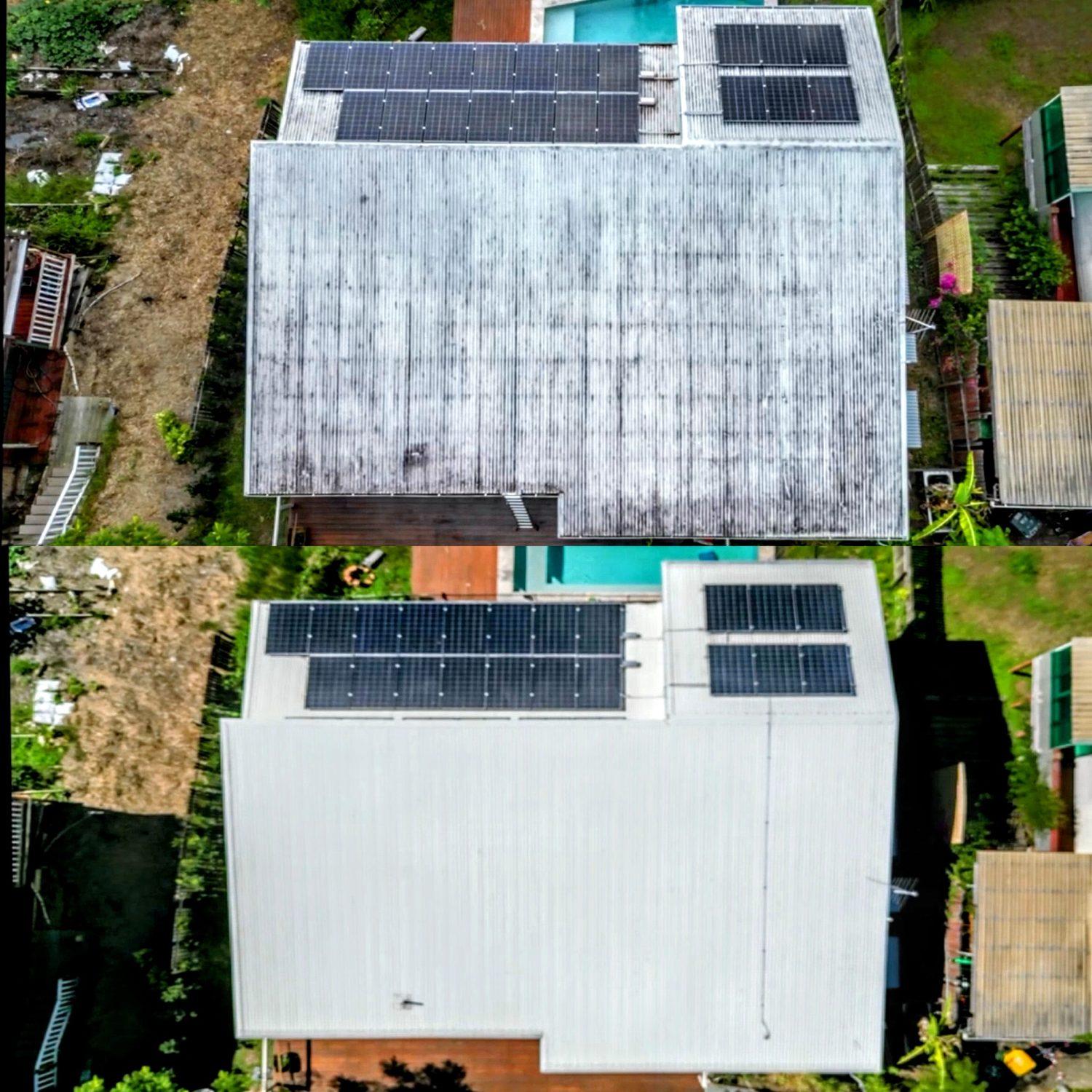 Aerial before and after of a roof wash, dark algae cleaned back to white