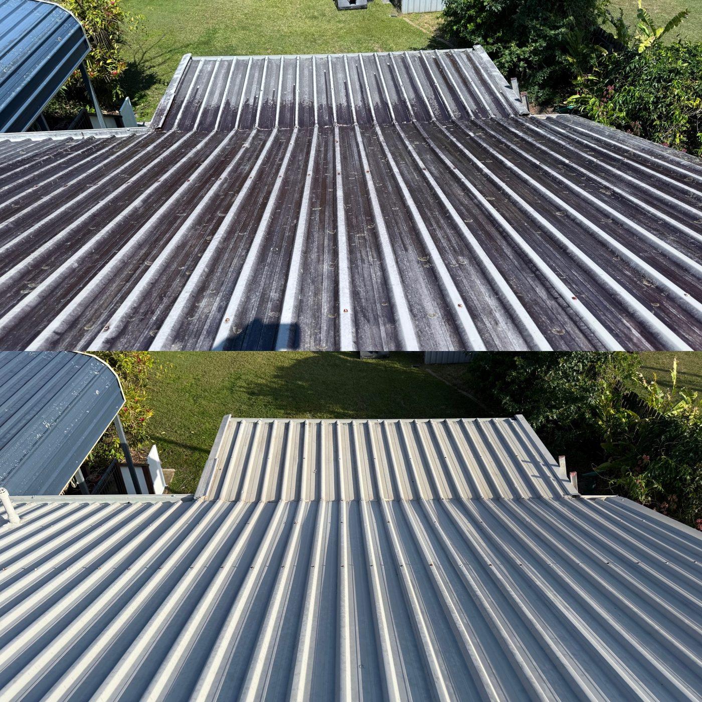 Before and after roof wash on a corrugated metal roof